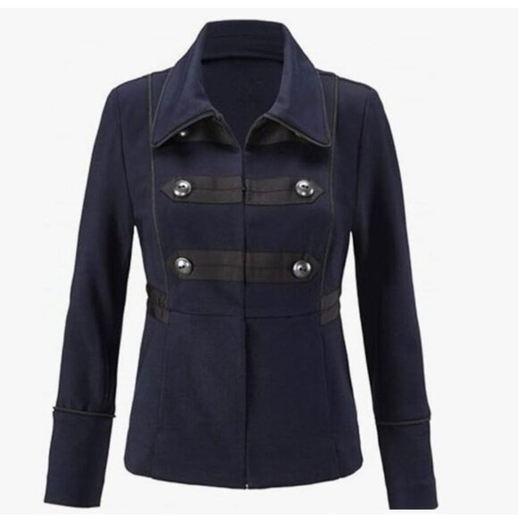 Cabi Double-Breasted Navy Military-Style Jacket With Button Accents & Black Trim - Picture 1 of 15